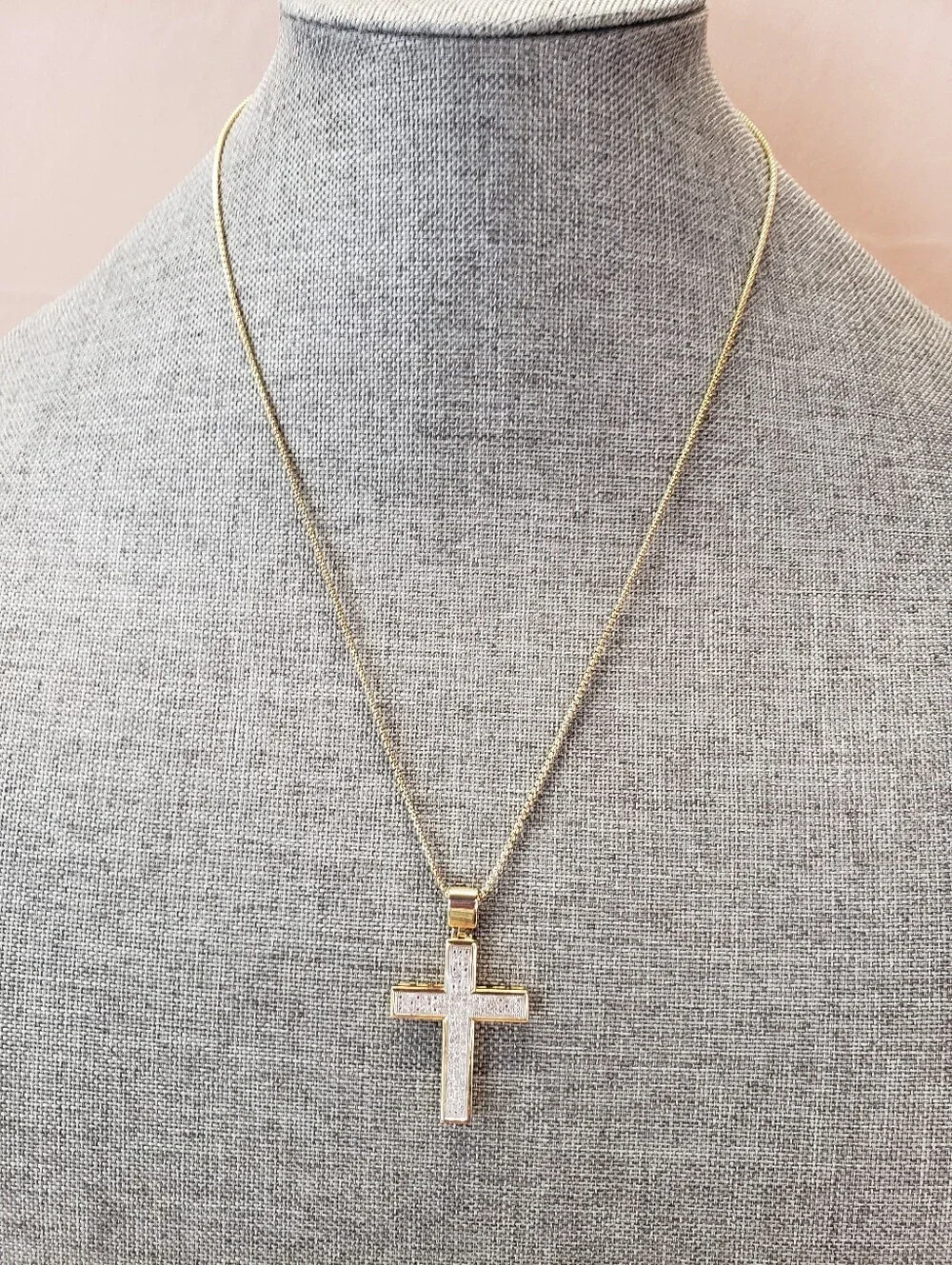 Sterling Silver Vermeil Pave Diamond Cross Pendant on Box Chain Necklace Signed